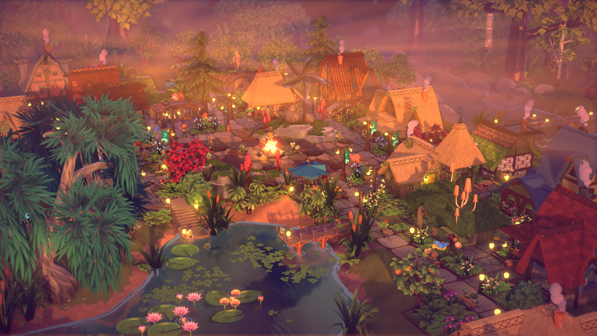 Official Croakwood screenshot showing a frog settlement built among trees and water.