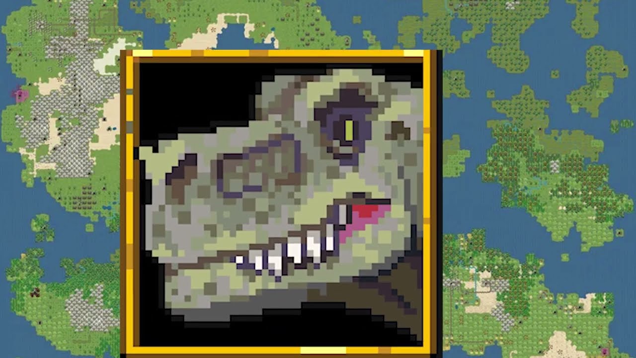Official Dwarf Fortress Dino Update trailer image showing prehistoric creatures in the game's pixel art style.