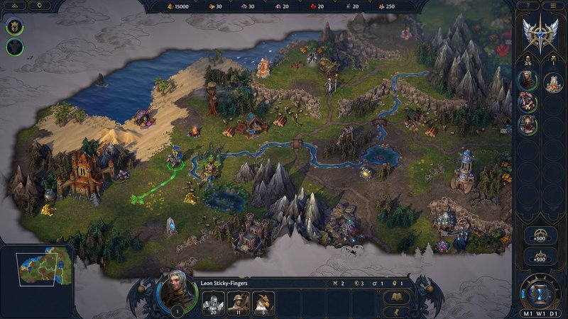 Official Heroes of Might and Magic: Olden Era screenshot showing the strategic adventure map, terrain, roads, and hero movement UI.