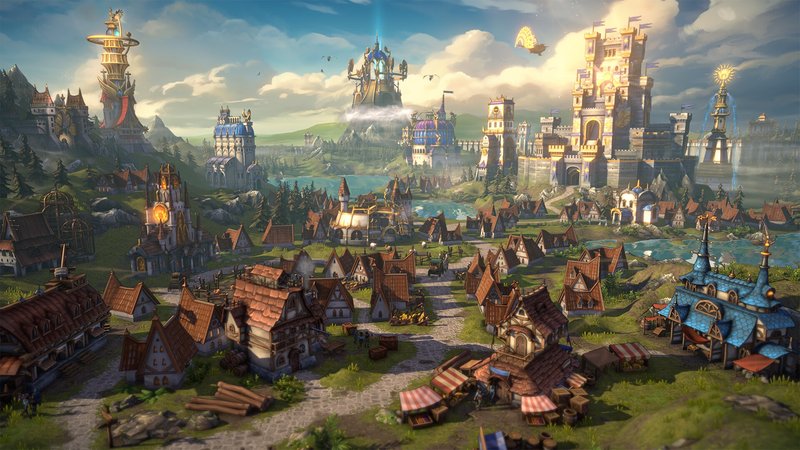 Official Heroes of Might and Magic: Olden Era screenshot showing a developed fantasy town with faction architecture and city management UI.
