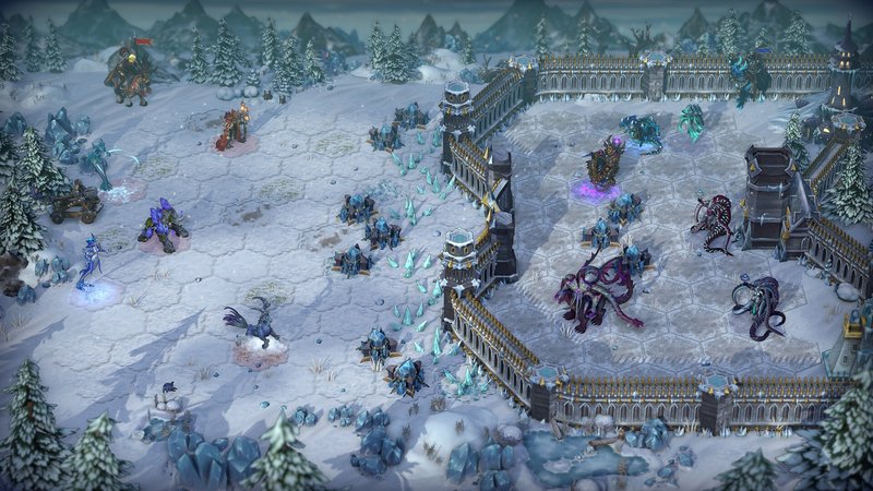 Official Heroes of Might and Magic: Olden Era screenshot showing a snowy tactical battle with units deployed near fortified terrain.