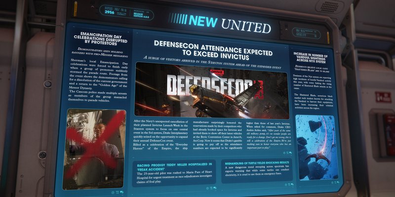 Star Citizen Alpha 4.8 loading screen artwork showing an in-universe news scene from the Tactical Strike update.