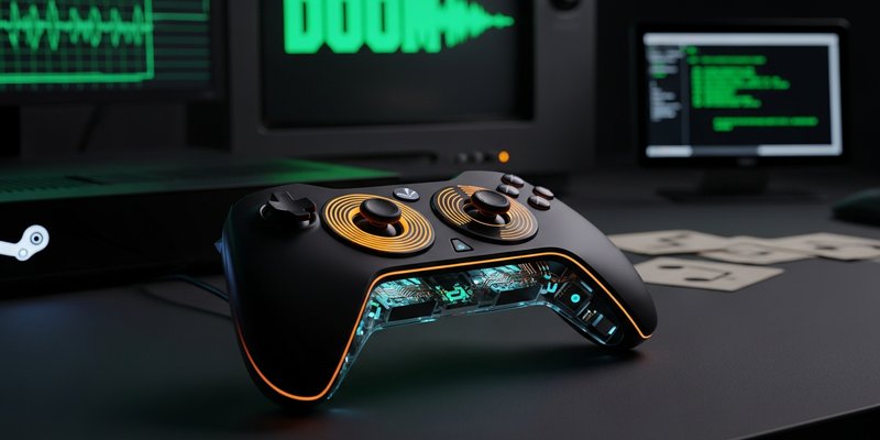 A matte-black game controller on a charcoal desk glowing with orange waveform rings from its haptic trackpads, with a Steam Deck and retro game screen in the background.