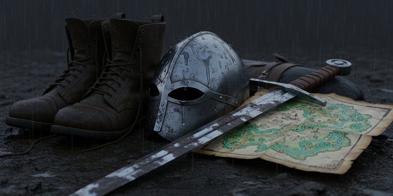 AI-generated editorial artwork of muddy medieval travel gear, a simple sword, and a cracked controller on a dark road toward a distant fantasy valley.