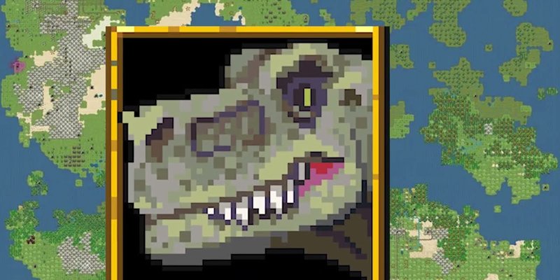 Official Dwarf Fortress Dino Update trailer image showing prehistoric creatures in the game pixel art style.