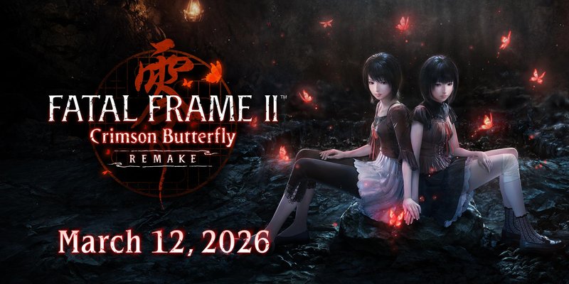 Official key art for FATAL FRAME II: Crimson Butterfly REMAKE showing the remake branding and haunted atmosphere.