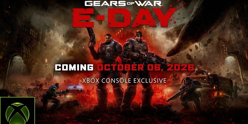 Official Gears of War: E-Day Xbox Games Showcase trailer still with Marcus Fenix in a devastated city.