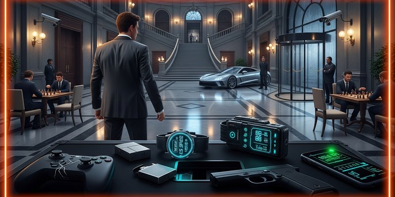 AI-generated cinematic editorial artwork of a young secret agent entering a luxury hotel with spy gadgets, rain, surveillance lights, and Game Ignite orange-cyan accents.