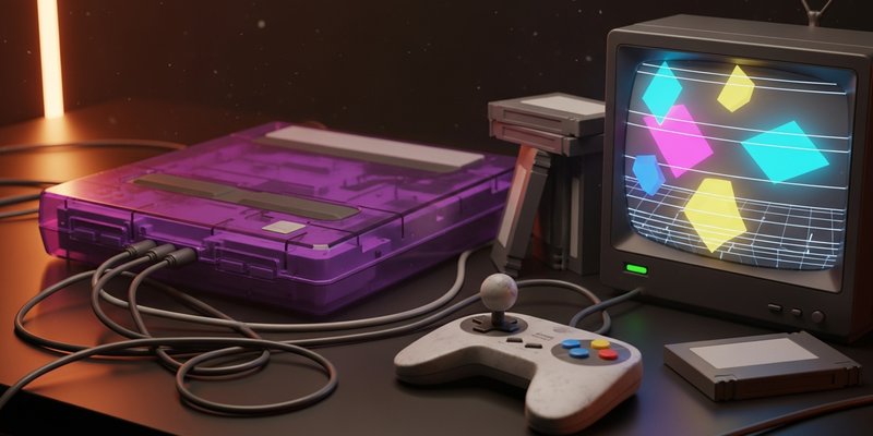 AI-generated cinematic image of a translucent retro console, three-pronged controller, cartridges, and CRT-style gaming setup with Game Ignite orange accents.