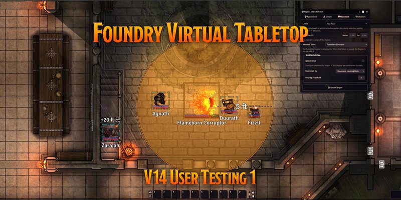 Official Foundry Virtual Tabletop Version 14 release artwork showing Scene Levels and interface elements.