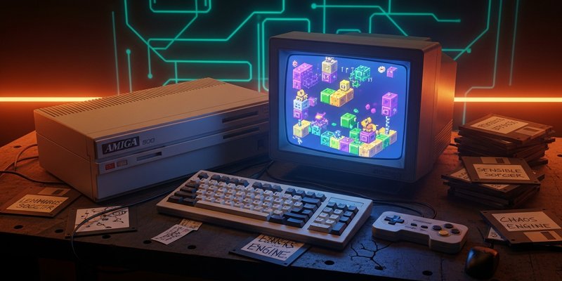 A glowing retro CRT monitor displaying an isometric 16-bit game next to an Amiga 500 computer and floppy disks.