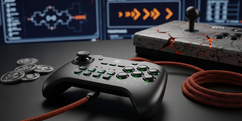 AI-generated editorial image of a leverless fighting game controller on a dark arcade desk with orange glow, cyan input grids, worn buttons, and tournament bracket screens in the background.