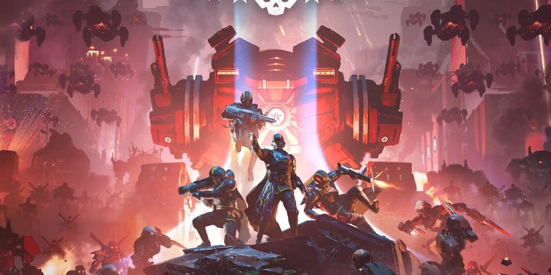 Official Helldivers 2 key art from PlayStation showing armored Helldivers and battlefield action.