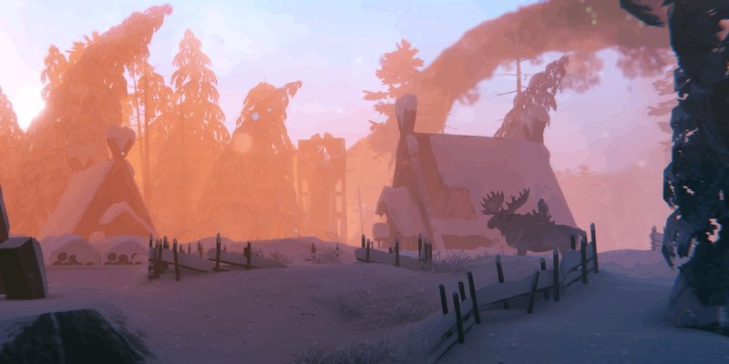 Official Iron Gate screenshot showing snow-covered cabins in Valheim's Deep North biome.