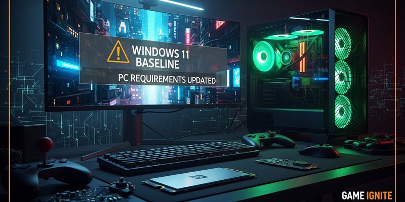 A cinematic Game Ignite-style image of a neon Cyberpunk PC rig beside a warning screen showing Windows 11 as the new baseline requirement.