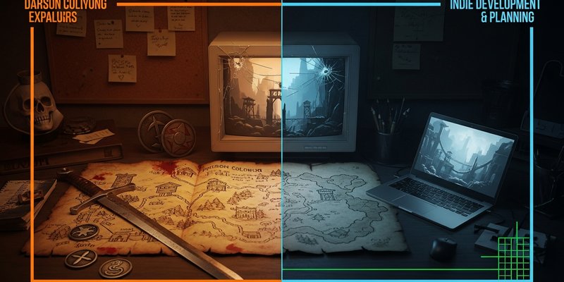 AI-generated editorial hero image showing a dark fantasy RPG analysis scene with a prison-colony map, faction medallions, a CRT display, and an indie developer desk with NPC schedule diagrams in Game Ignite colors.