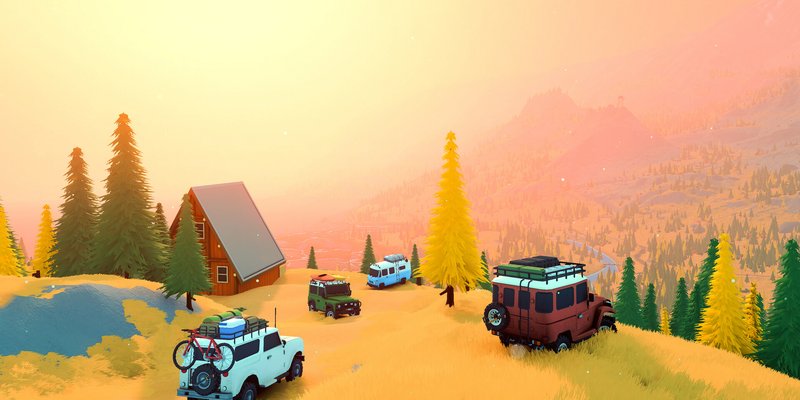 Official Steam screenshot from over the hill showing an off-road vehicle crossing a scenic wilderness trail.