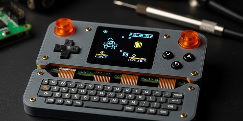 AI-generated editorial image of a custom Raspberry Pi Compute Module handheld with exposed PCB, OLED screen, micro keyboard, orange accents, and retro gaming tools on a dark workbench.