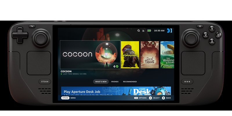 Official Valve press image showing the Steam Deck OLED home screen.