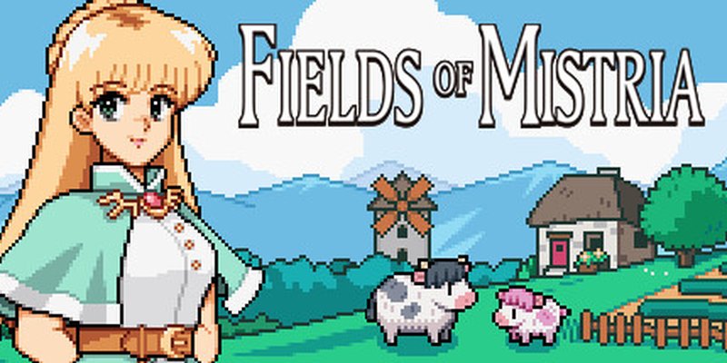 Fields of Mistria steam key art featuring gorgeous farming landscapes.