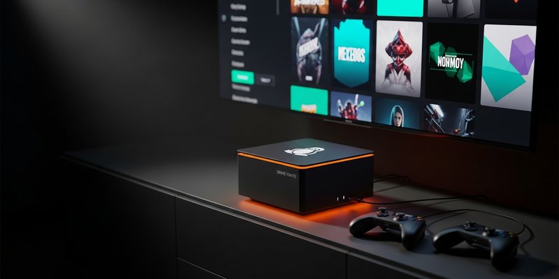 AI-generated editorial hero image of a compact SteamOS gaming cube under a TV, surrounded by controllers, orange neon accents, and subtle cyan Linux-inspired interface details.
