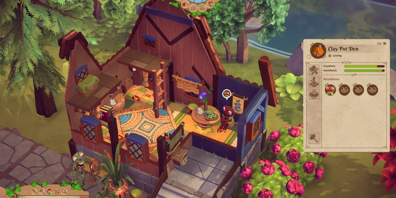 Official Croakwood press kit screenshot showing a colorful frog town in a forest settlement.