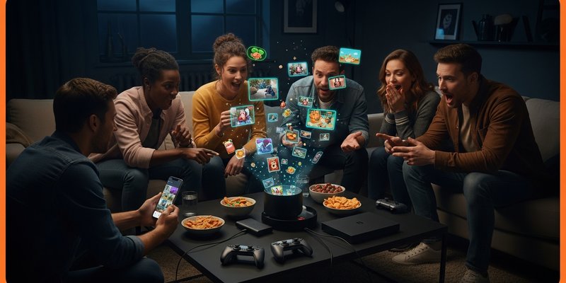 AI-generated editorial image of friends playing a photo-based microgame party app in a dark living room with orange Game Ignite lighting, controllers, a phone, and absurd AR-style challenges.