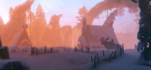 Official Iron Gate screenshot showing snow-covered cabins in Valheim's Deep North biome.