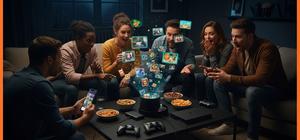 AI-generated editorial image of friends playing a photo-based microgame party app in a dark living room with orange Game Ignite lighting, controllers, a phone, and absurd AR-style challenges.
