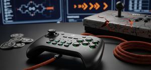 AI-generated editorial image of a leverless fighting game controller on a dark arcade desk with orange glow, cyan input grids, worn buttons, and tournament bracket screens in the background.