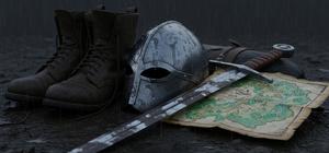 AI-generated editorial artwork of muddy medieval travel gear, a simple sword, and a cracked controller on a dark road toward a distant fantasy valley.