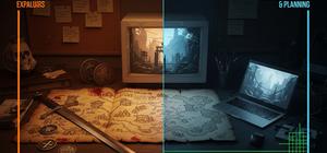 AI-generated editorial hero image showing a dark fantasy RPG analysis scene with a prison-colony map, faction medallions, a CRT display, and an indie developer desk with NPC schedule diagrams in Game Ignite colors.