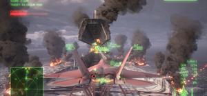 Official Ace Combat 8 screenshot of an online dogfight above a burning aircraft carrier.