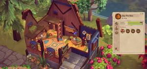 Official Croakwood press kit screenshot showing a colorful frog town in a forest settlement.