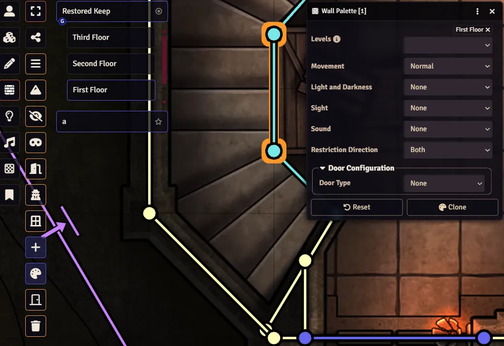 Foundry Virtual Tabletop Placeables Palette with wall controls