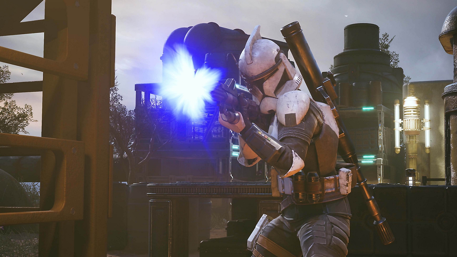 Official Star Wars Zero Company screenshot showing a clone-armored character firing a blaster