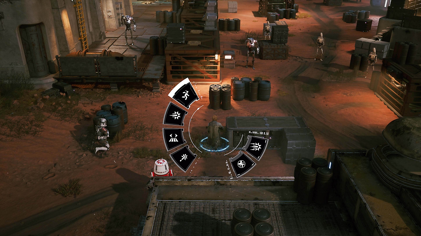 Official Star Wars Zero Company screenshot showing a radial action menu during a fight with battle droids