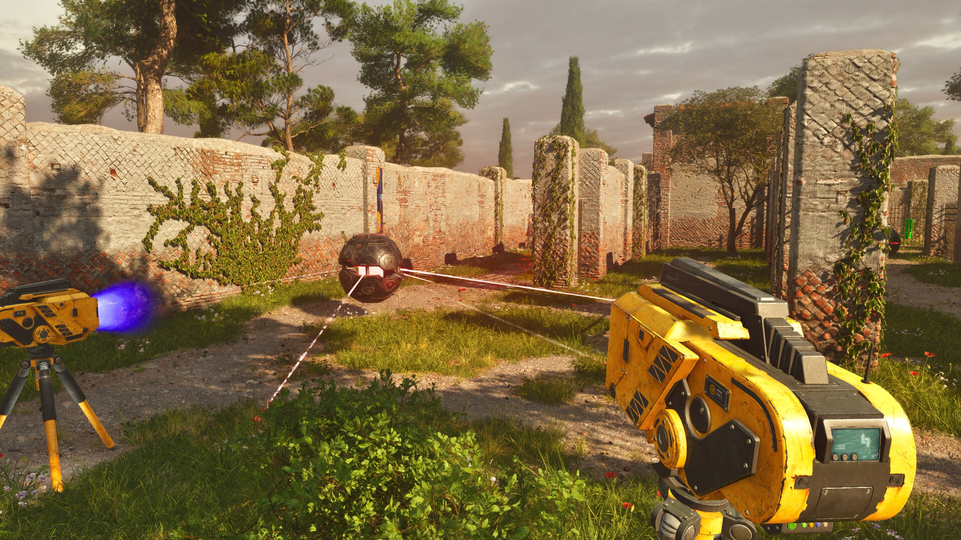 Official Steam screenshot from The Talos Principle: Reawakened showing an outdoor puzzle space with ancient architecture and sci-fi machinery.