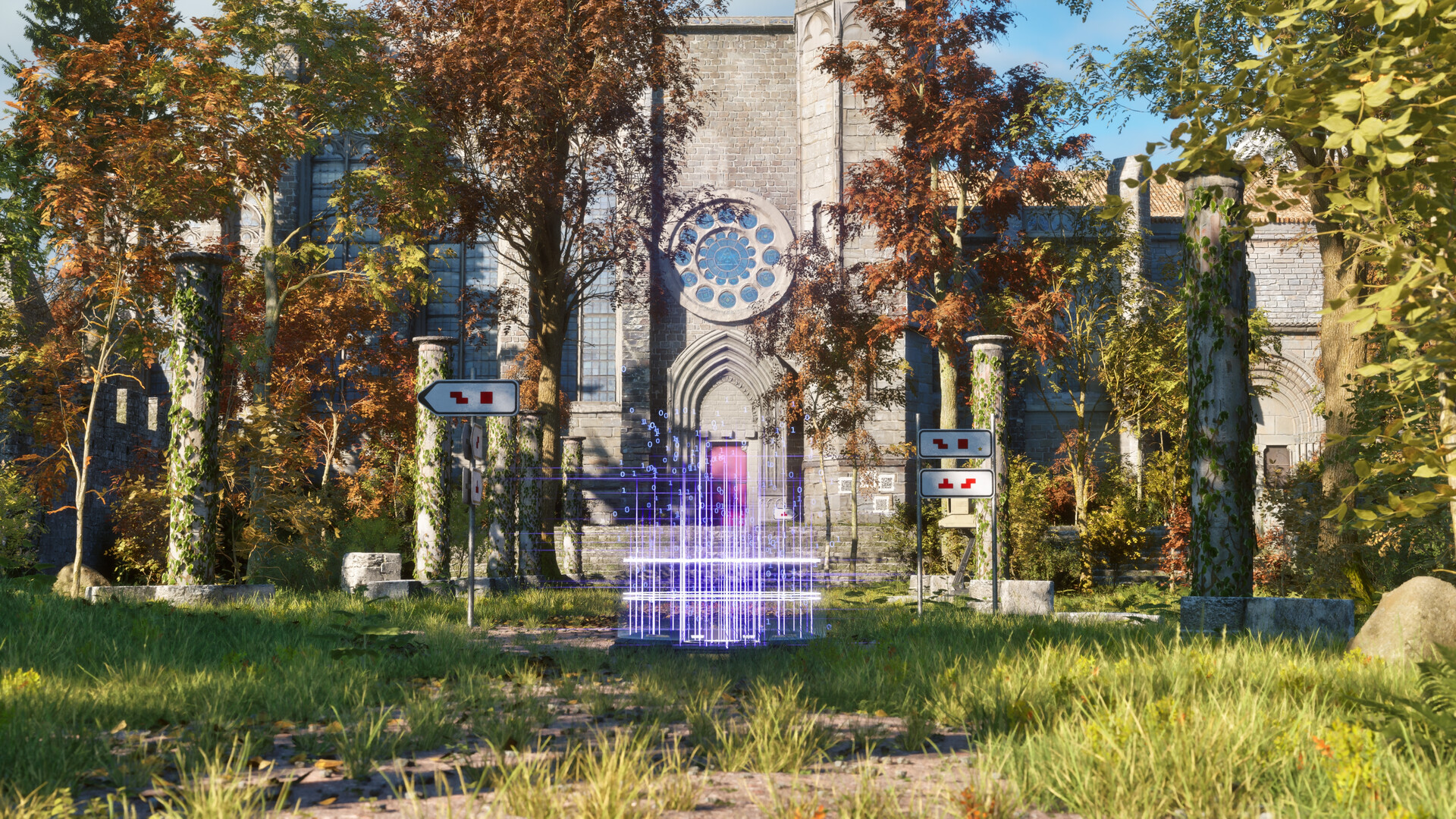 Official Steam screenshot from The Talos Principle: Reawakened showing a bright puzzle environment with stone structures and interactive devices.